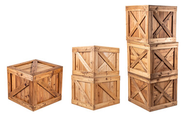 stack industrial wooden boxes with three different heights isolated on white