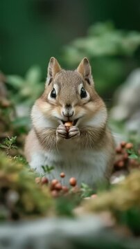 Chubby chipmunk filling cheeks with berries in summer woodland