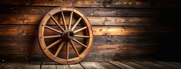 Obraz premium Vintage wagon wheel leaning against rustic wooden wall representing pioneer history, rural lifestyle and western heritage decor element