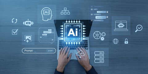 Hands typing on laptop with AI interface icons and digital prompts on blue wooden desk background, symbolizing artificial intelligence technology concept.