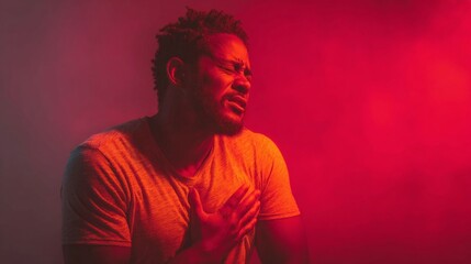 Photorealistic Scene of a Man Seated Upright with Dramatic Lighting and Emotionally Expressive Pose