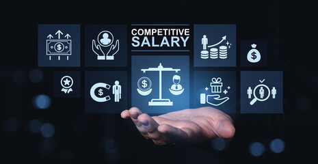 Human hand supports floating icons representing competitive salary, job benefits, and career growth...
