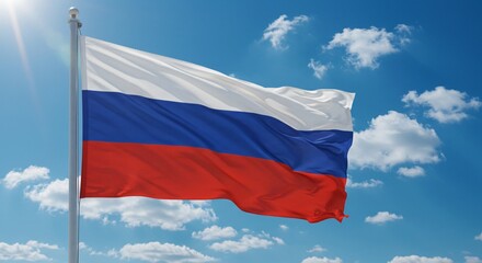 Russian Federation Flag Waving in Sunny Sky A Vibrant Image
