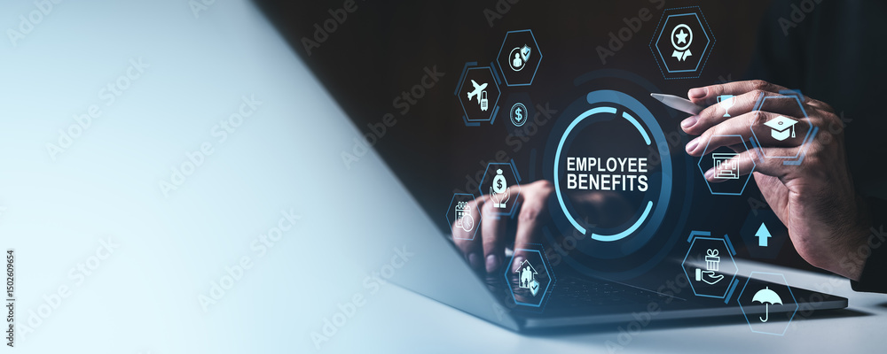 Poster employee benefits concept with icons and hands using laptop in modern digital interface on dark back