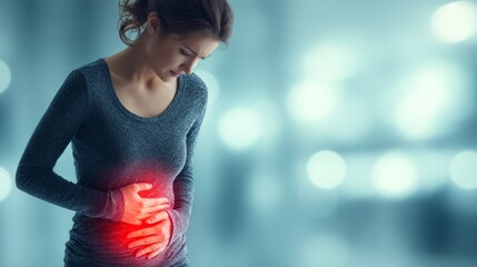Woman Holding Her Stomach in Pain with Curled Posture in Soft Focus Background