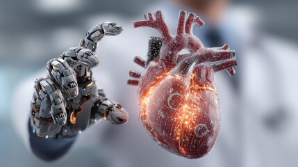 Realistic Male Doctor Holding Glowing Hybrid Heart Model in Modern Medical Setting