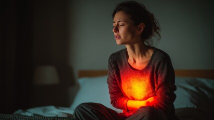 Woman Sitting on Bed, Curled Forward in Discomfort, Nighttime Scene with Soft Lighting