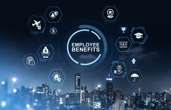 Employee benefits icons with modern digital interface on cityscape background at night showing business perks and workplace advantages concept.