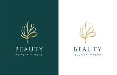 Minimalist elegant Leaf with line art style ,Abstract beauty flower logo design collection.