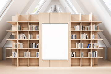 Modern attic home library with wooden bookshelves and central blank frame for artwork display in minimalist interior design. 3D Rendering