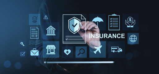 Digital insurance icons floating above an open hand symbolizing protection, security, and risk management on a dark abstract background.