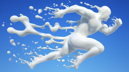 Dynamic 3D Splash of Milk in Motion Creating a Unique Shape Against a Clear Blue Sky