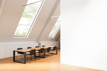 Modern conference room interior with slanted ceiling, wooden floor, and large skylights illuminating a minimalist meeting table and chairs setup. 3D Rendering