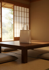 Fototapeta premium White shopping bag on table in a Japanese style room