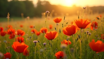 poppies in the field at sunset