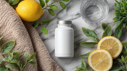 Clean Flat Lay of Healthy Supplement Bottle with Lemon, Water, and Greenery on Marble Surface