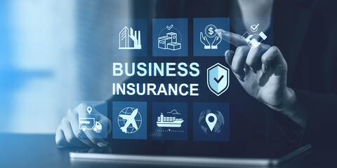 Business insurance icons with person interacting on virtual touchscreen in corporate environment with logistics, finance, and security concepts displayed.