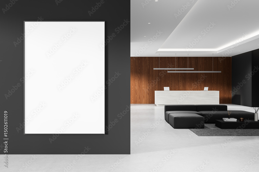 Poster blank poster mockup inside modern interior with dark wall and reception desk in minimalist office ha