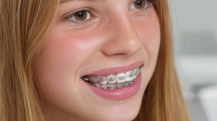 Teenage Girl Smiling While Brushing Her Teeth in Close-Up with Braces and Healthy Teeth