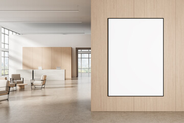 Modern lobby interior design with minimalist wooden decor and large blank poster on wall in bright open space with natural light and seating area. 3D Rendering