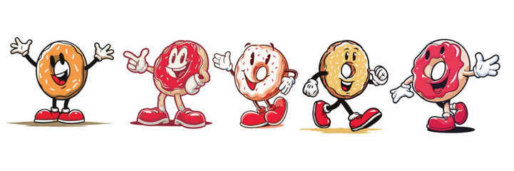 vintage retro style doughnut cartoon mascot character with expressive faces and gestures