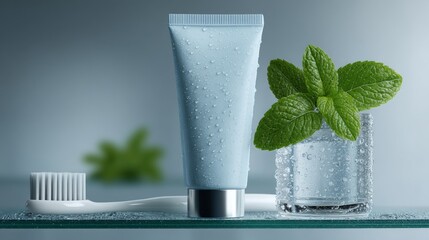 High Quality 3D Rendering of Premium White Toothpaste with Mint Leaf and Toothbrush on Glass