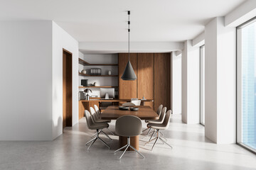 Modern minimalist office interior with wooden meeting table, stylish chairs, open shelves, and large windows with city view in bright daylight. 3D Rendering