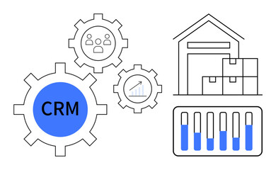 Gear with CRM label, warehouse with stacked boxes, bar chart, and icons for productivity and analytics. Ideal for logistics, business optimization, customer management, workflow, supply chain