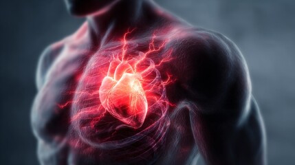Male Torso in Three Quarter Front View with Visible Heart and Dynamic Energy Effects