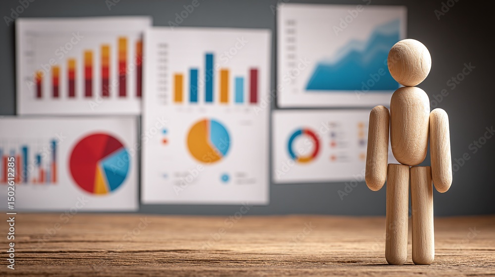 Poster analytics and strategy: wooden figure stands before charts and graphs, symbolizing data-driven decis