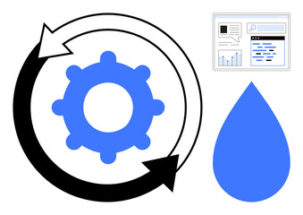 Gear with circular arrows, water drop, and analytics dashboard emphasizing innovation, sustainability, data analysis, teamwork, environmental awareness, productivity, and technology on a simple