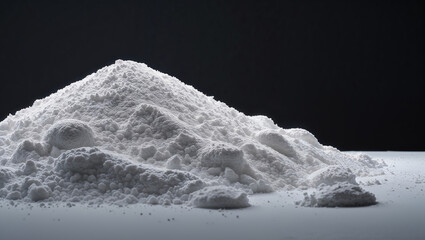 Pile of white powder forming a small mountain on a reflective surface