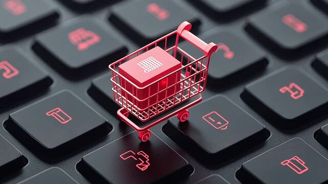 Tiny red shopping cart with a cube inside on black keyboard with red glowing icons