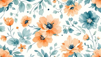 seamless repeatable watercolor floral background flower in the orange color with icy blue leaves and vines against white background, a printing background