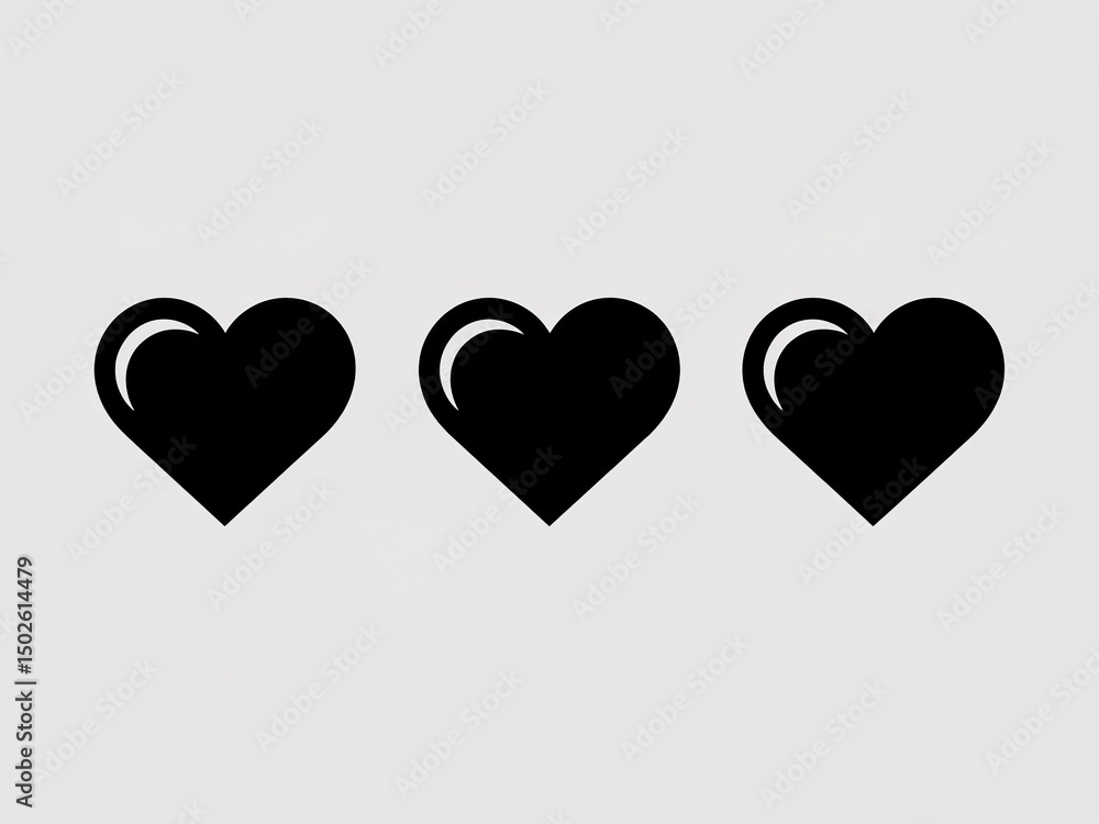 Poster three black heart icons aligned horizontally on a light gray background with a glossy effect on them