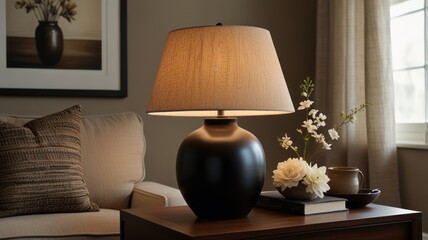 Table lamp with linen shade on wooden side table in a living room