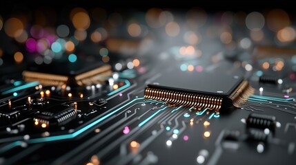 Futuristic glowing circuits with neon lights, symbolizing advanced technology and digital innovation