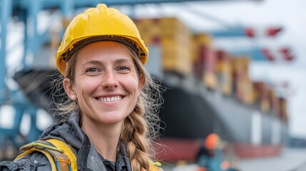 Confident female dock worker smiles in front of a container ship, wearing a hard hat and safety vest. Maritime industry representation.