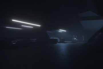 Dark futuristic interior with artificial light