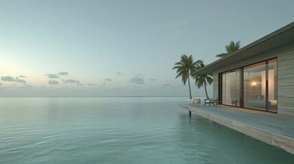 Tranquil overwater bungalow at dawn