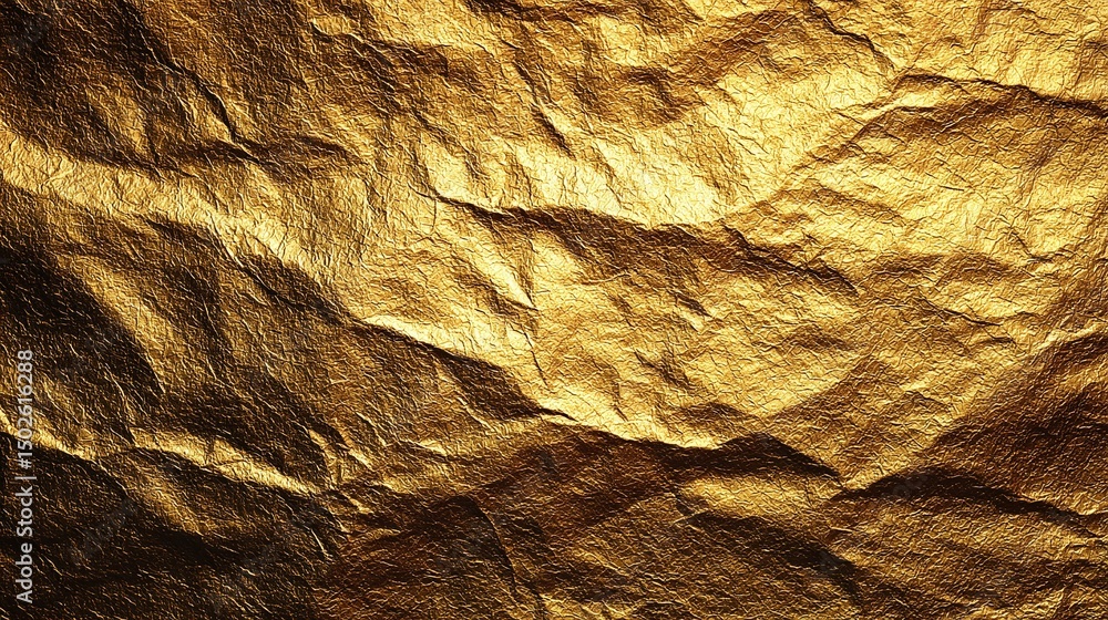 Aufkleber an abstract view of a gleaming golden surface with many folds and creases forming interesting dark s