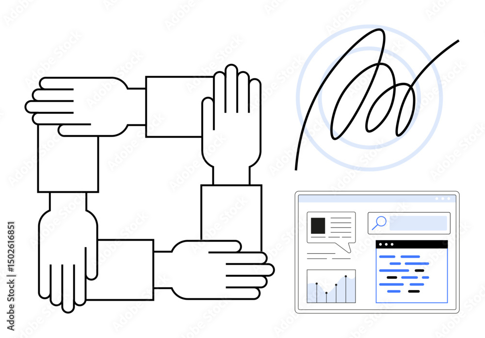 Poster four interlinked hands symbolizing teamwork, digital signature suggesting security, and a web interf
