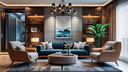 Modern living room interior design with comfortable furniture and stylish decor