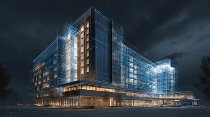 Architectural Blueprint Visualization: Modern building design with a wireframe overlay, blending technology and construction for a sleek presentation.
