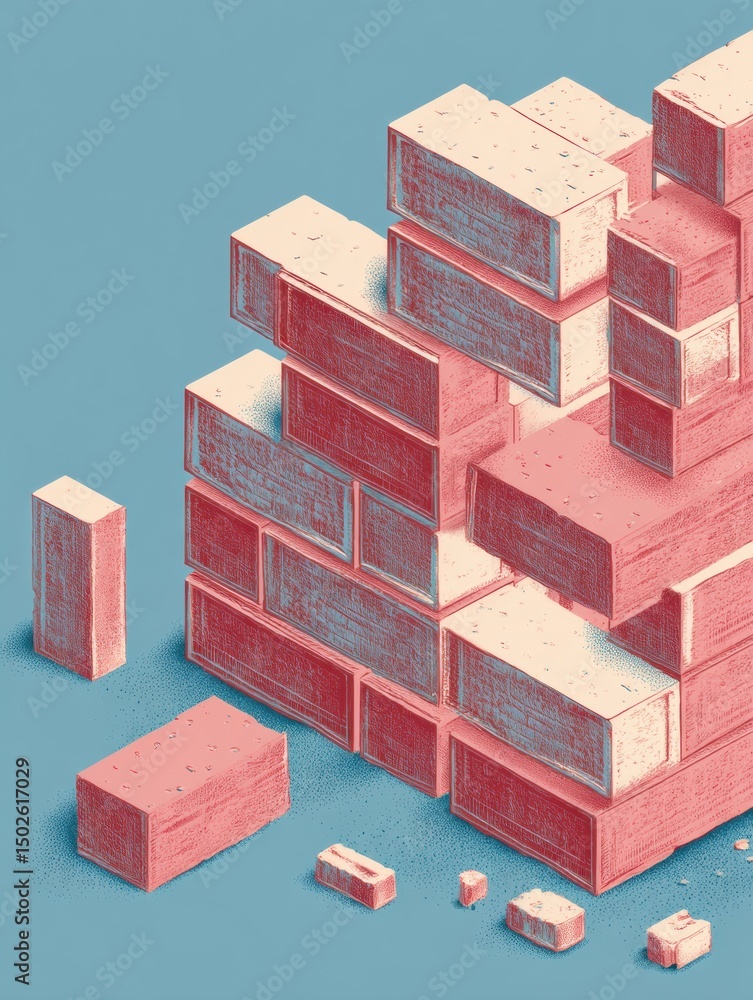 Poster brick laying tutorial concept showcasing a stacked arrangement of bricks and construction elements, 