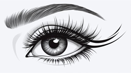 Fototapeta premium Hand-drawn woman's luxurious eye with perfectly shaped eyebrows and full lashes. Idea for business visit card, typography vector. Perfect salon look.