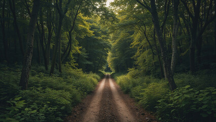 Fototapeta premium Gravel road leading into lush green forest canopy
