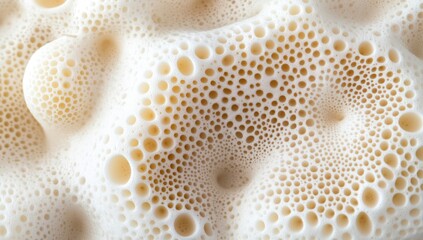 Close-up view of a frothy, textured surface.  A multitude of small, round holes are visible, creating a complex, organic pattern.  Pale cream/beige tones