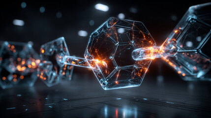 Blockchain. Businessman holds global blockchain technology with network connected to multiple parties and decentralized solution. Rapid development leading to transformative business opportunities.