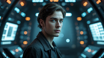 Young man standing in futuristic control room